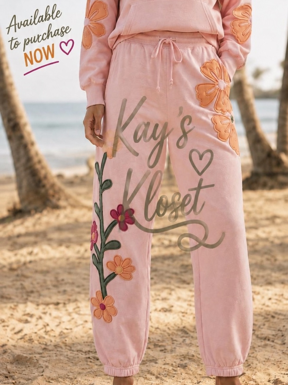 BF92–🩷🌸 Floral Pink Joggers with Pink & Orange Appliqués